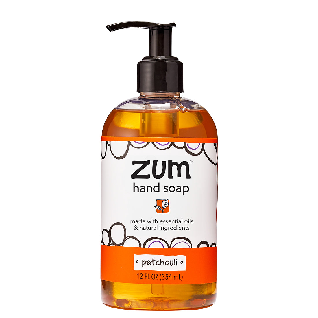 Round bottle with dispensing pump top that contains patchouli scented liquid hand soap.