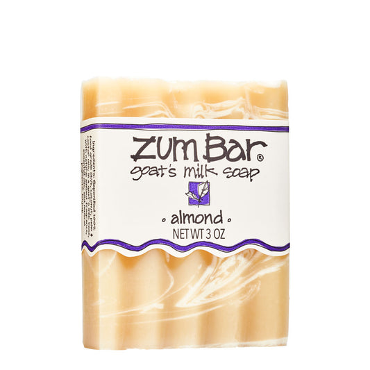 Labeled Almond scented Zum Bar Soap with yellow and cream swirls