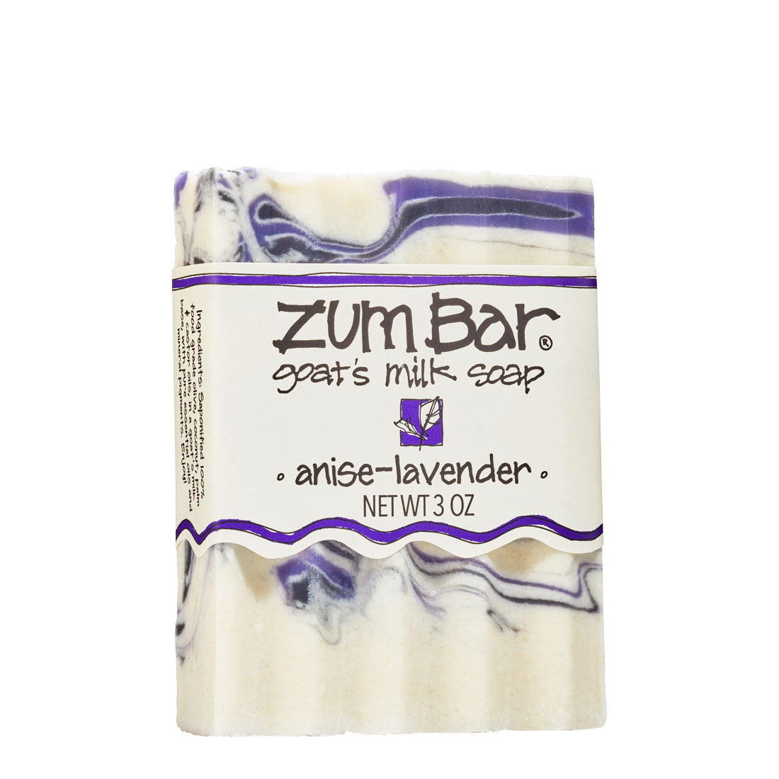 Labeled Anise-Lavender scented Zum Bar Soap with white, purple and black colored swirls.