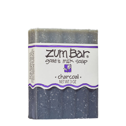 Labeled Charcoal Zum Bar Soap with grey and black coloring.