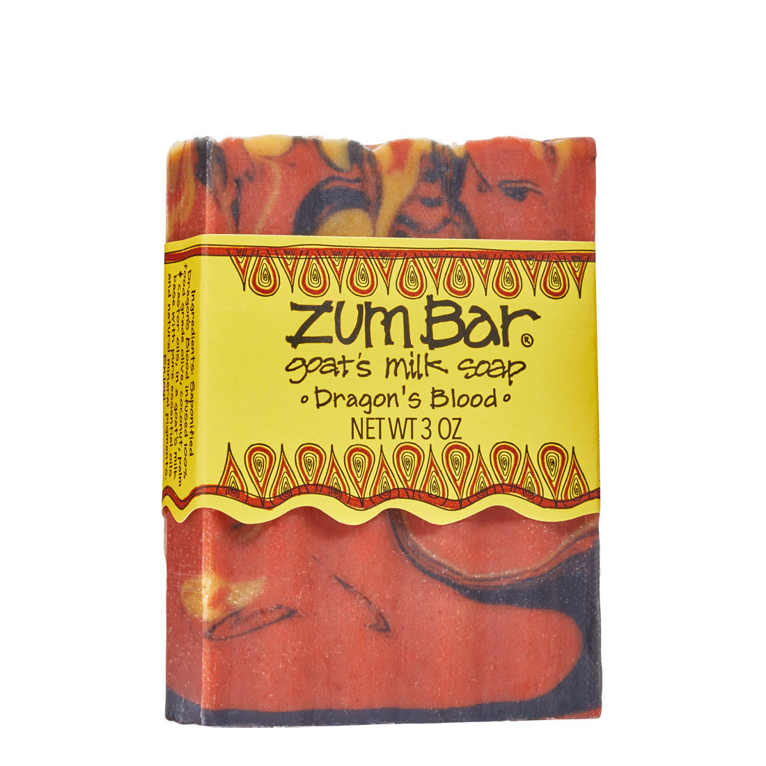 Labeled Dragon's Blood infused Zum Bar Soap with red, yellow and black colored swirls.