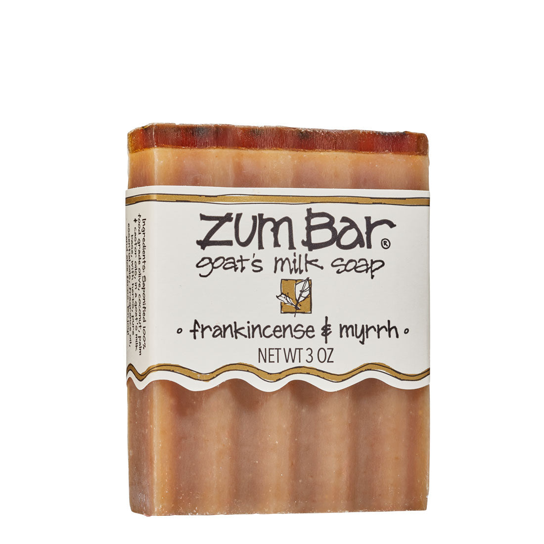 Labeled Frankincense & Myrrh scented Zum Bar Soap with two tone brown coloring.