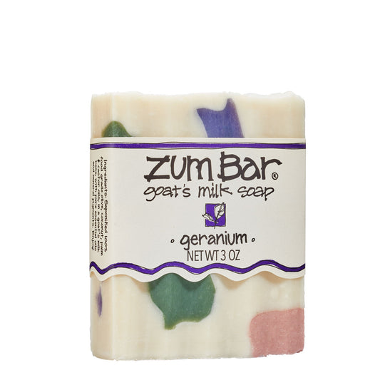 Labeled Geranium scented Zum Bar Soap with cream, white pink and blue colors