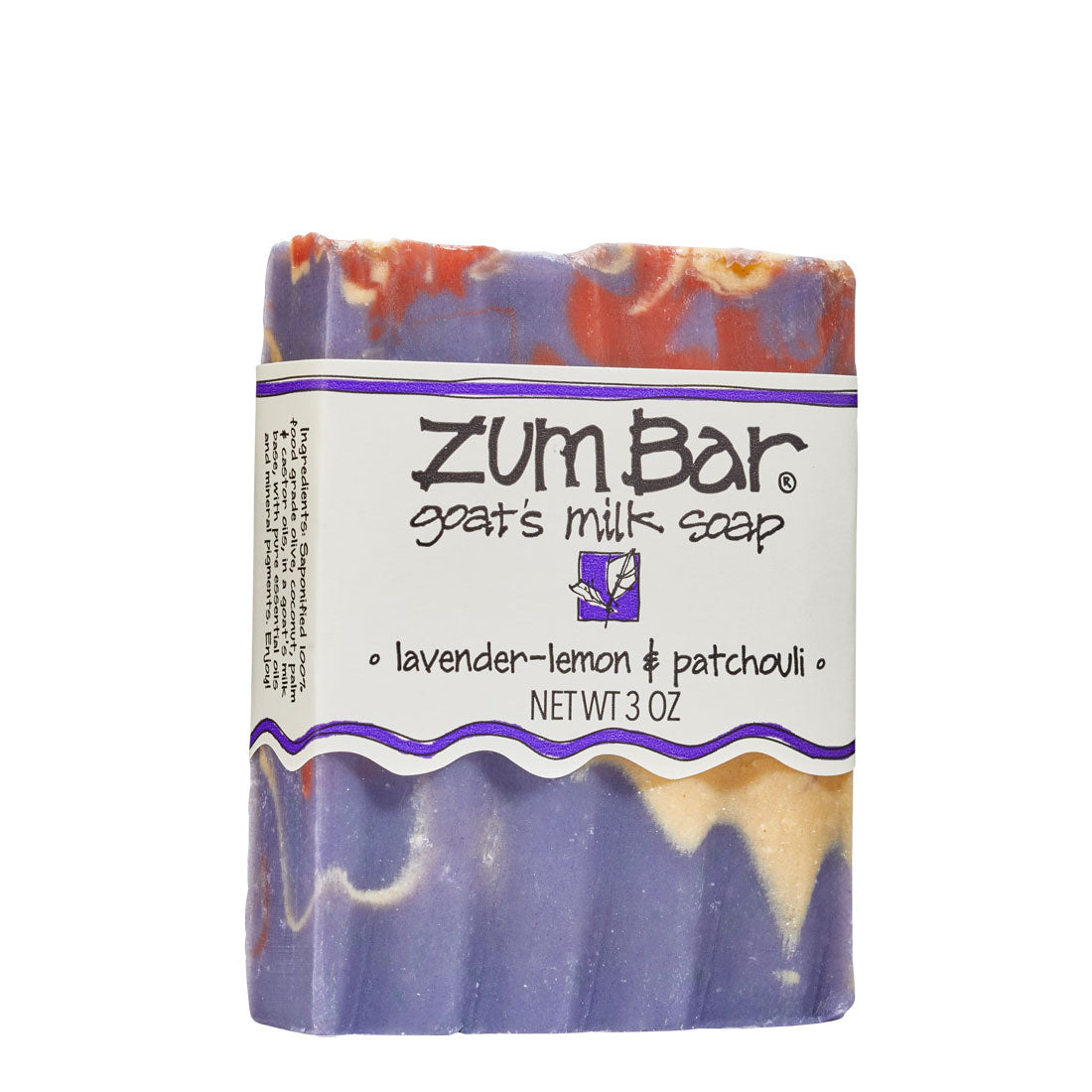 Labeled lavender-lemon and patchouli scented Zum Bar Soap with purple, yellow and red colored swirls.