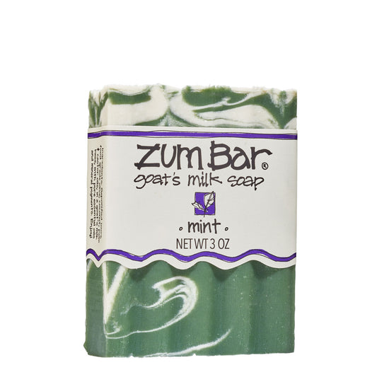 Labeled mint scented Zum Bar Soap with white and green colored swirls.