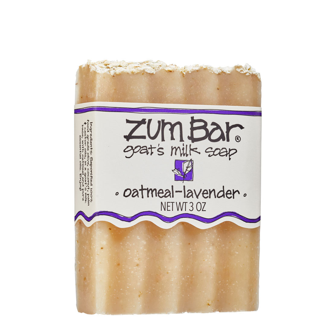 Labeled oatmeal-lavender Zum Bar Soap with cream coloring speckled with oatmeal.