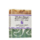 Labeled patchouli-mint scented Zum Bar Soap with white and green colored swirls and speckled brown coloring