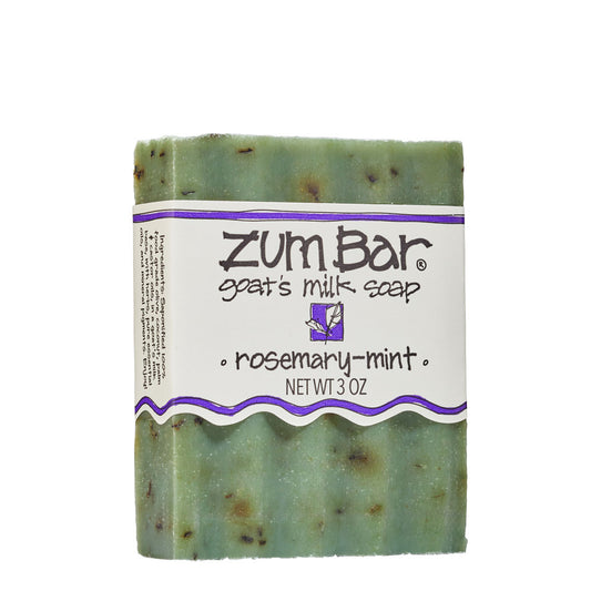 Labeled rosemary-mint scented Zum Bar Soap with speckled green coloring