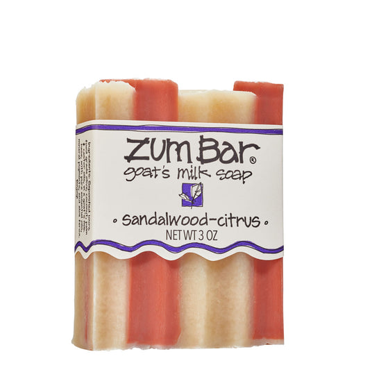 Labeled sandalwood-citrus scented Zum Bar Soap with cream and red coloring