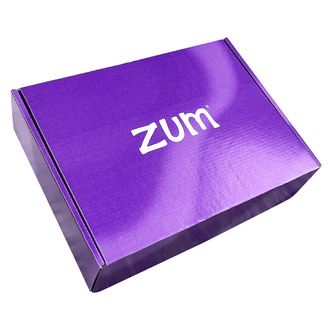 Outer box with purple wave design and zum logo