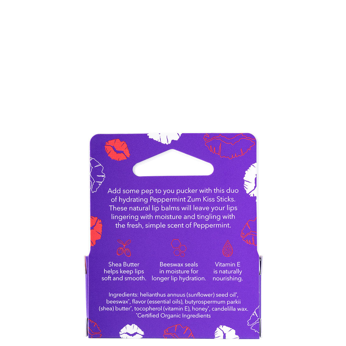 Back of purple kiss pack with two peppermint kiss balms inside.