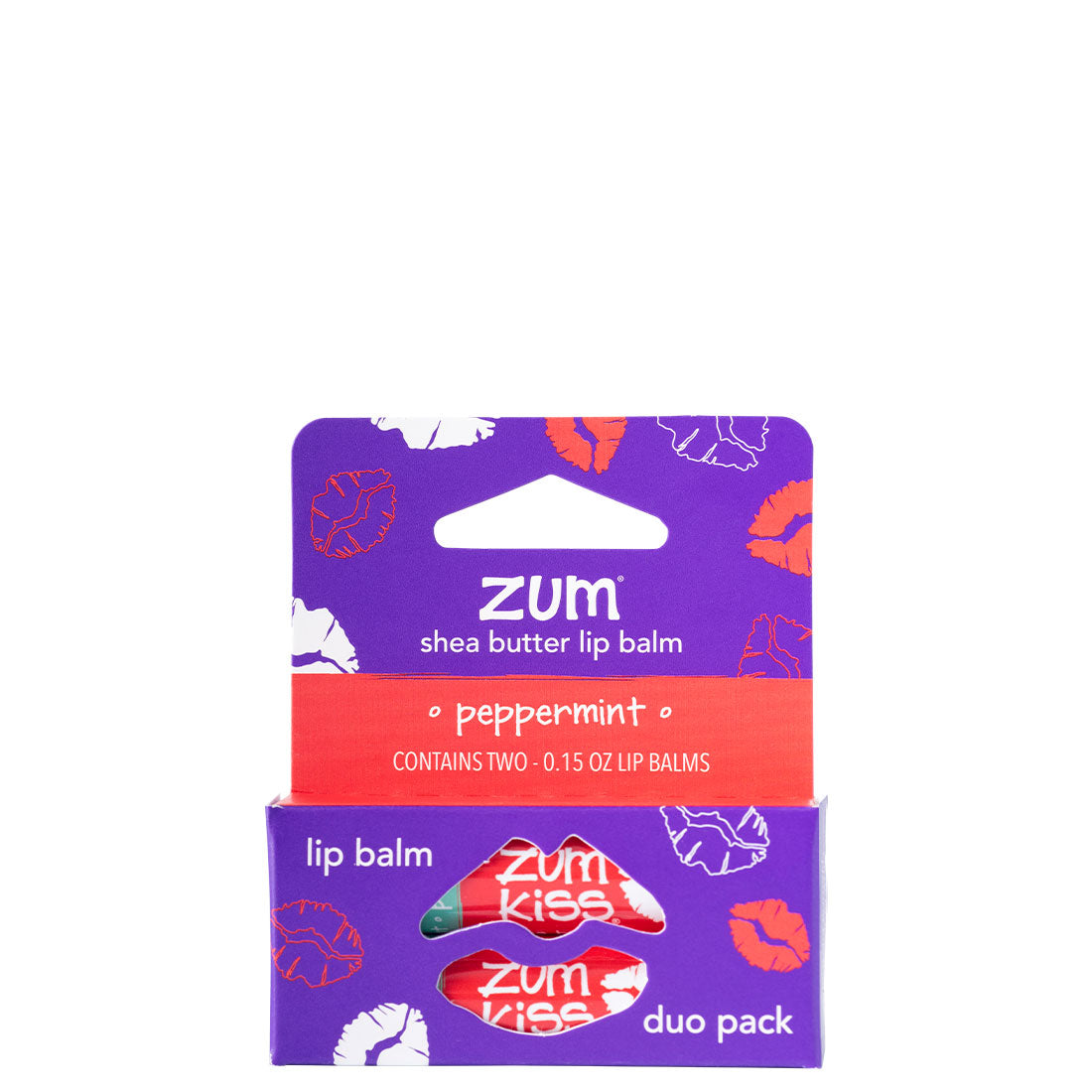 Front of purple kiss pack with two peppermint kiss balms inside.