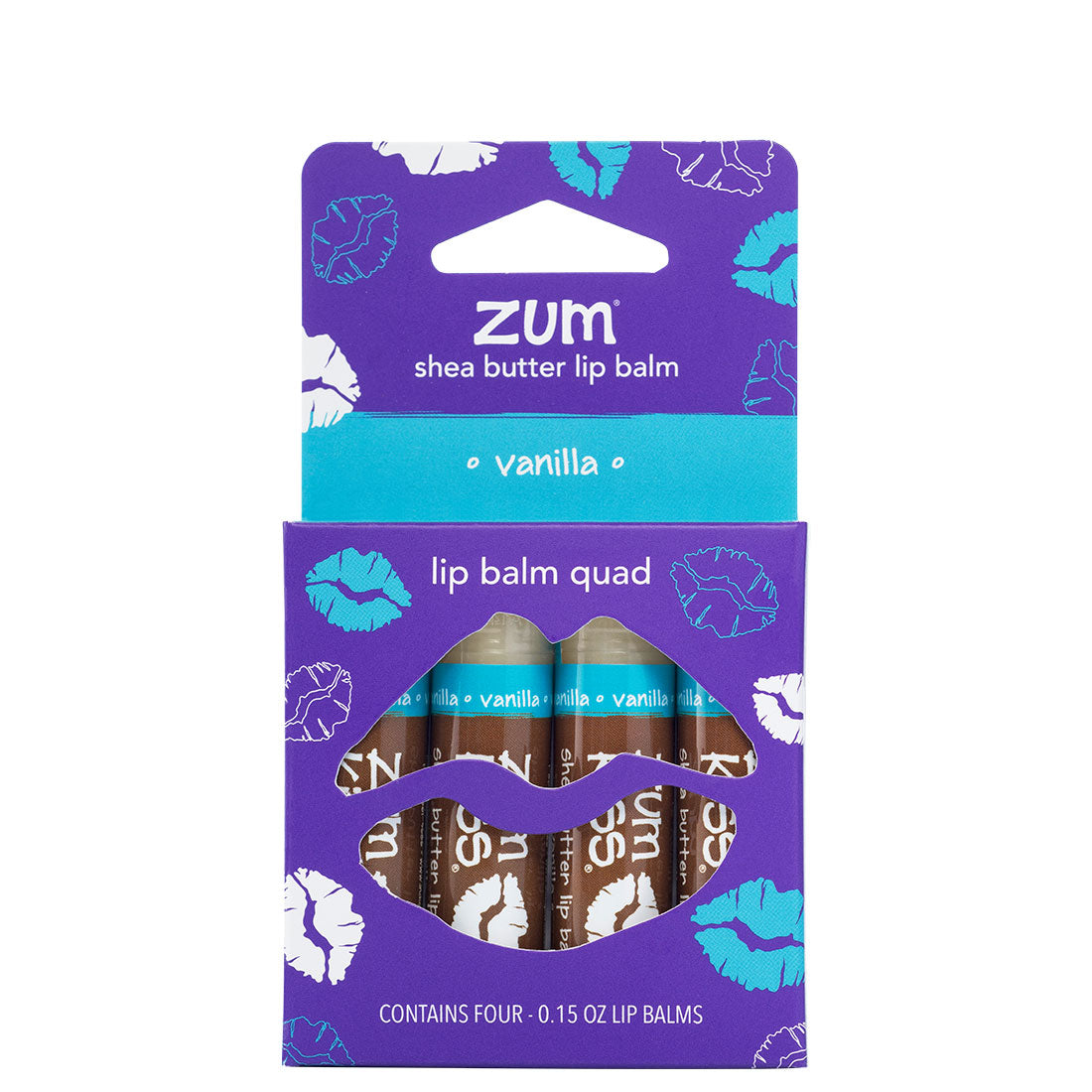 Four Vanilla scented Lip balms inside a purple box.