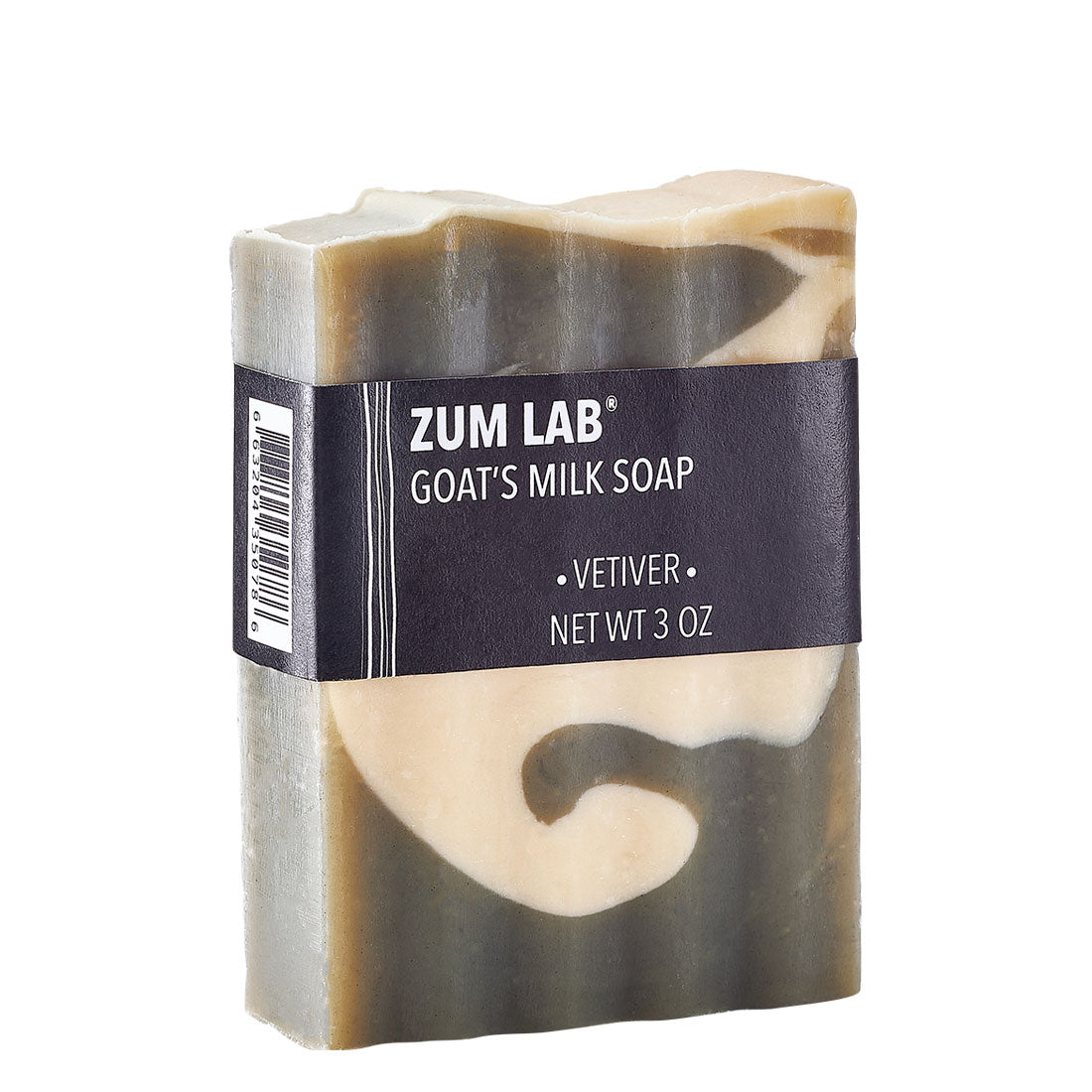 Labeled Vetiver scented Zum Bar Soap with grey and cream swirls