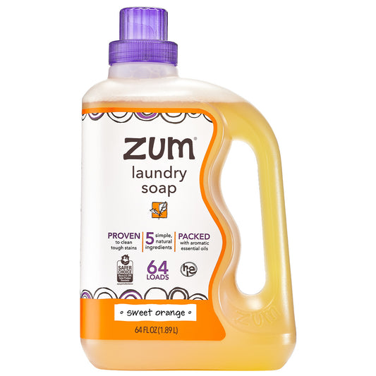 Sweet Orange Laundry In Soap in clear bottle with purple lid on white background.