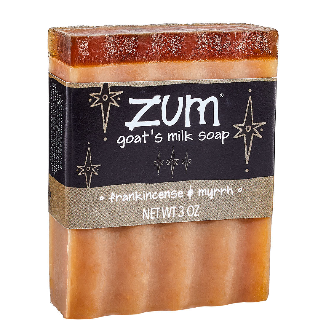 Brown Frankincense & Myrhh Zum Bar with layer of glycerin at the top. Labeled with a black, holiday themed label.